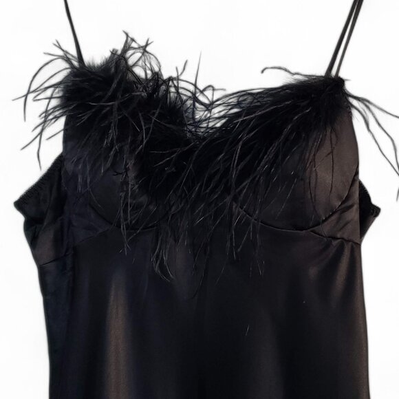 Moviestar Black Feather Trim Satin Slip Dress Women's Evening Night Out Retro XL - Picture 3 of 6